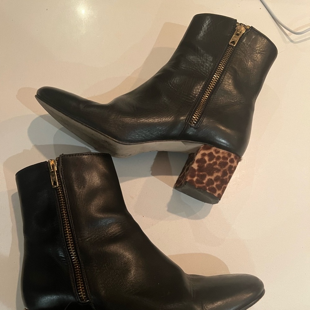 Jcrew black leather calf hair ankle booties boots 6.5